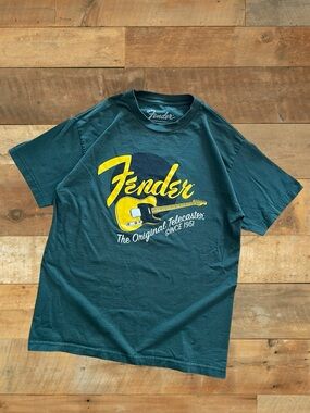 Fender Tee- Forest Green Shirt with Yellow Logo